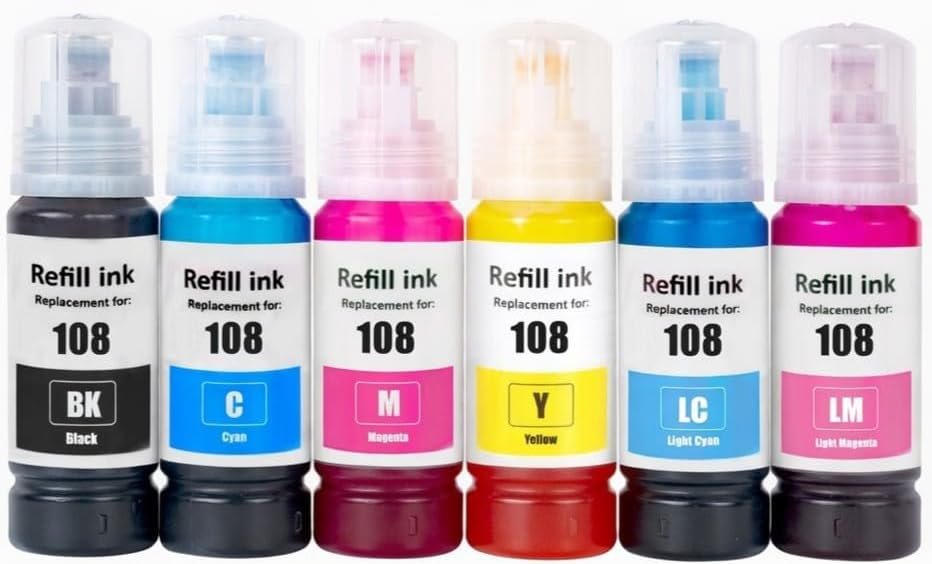 Ink Set 108 Compatible with EcoTank Compatible with EPSON Combo Set 6-Pack Black Cyan Magenta Yellow Light Cyan Light Magenta 70ml/Bottle Dye Ink L8058 L18058